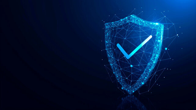 The secure technology is illustrated by a polygonal wire shield decorated with a checkmark symbol on a dark blue background. It represents a secure service that provides data protection. Generative AI