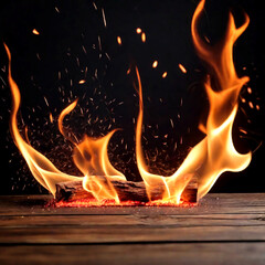 Burning flame on edge of wooden table, flame particles, sparks and smoke in air, flame display product on dark background