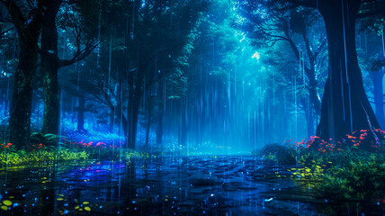 visualizations of the forest with deep blues and neon greens. Generative AI