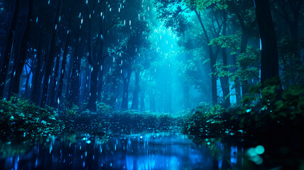 Obraz premium visualizations of the forest with deep blues and neon greens. Generative AI
