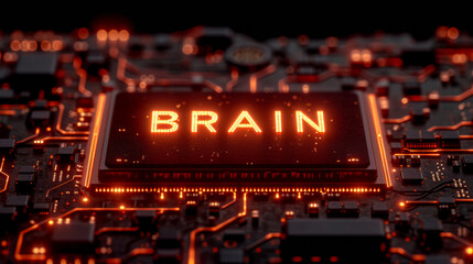 On top of a sophisticated chip, there is a hologram consisting of 5 letters "BRAIN", Unreal Engine rendering, depth of field effect, 3D