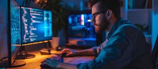 Male IT developer intensely programming cryptocurrency mining code on computer monitor at home in the night.