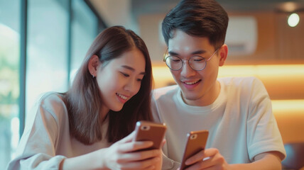 Asian guy and girl, showing each other funny videos on smartphones. illustration of spending leisure time together, having fun with smartphones. Generative AI - obrazy, fototapety, plakaty