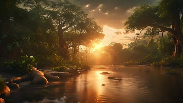 Tropical jungle landscape with Amazon jungle river at sunset. Created with Generative AI.	
