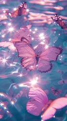 Bright and Colorful Imagery Featuring Several Transparent, Crystal-Clear Light Pink Small Butterflies Gracefully Floating in Water.