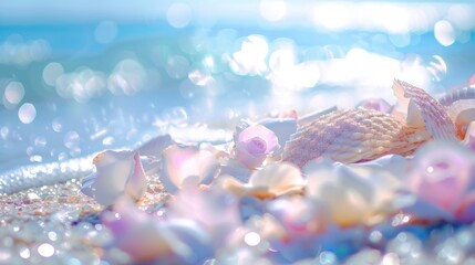 Obraz na płótnie Canvas Magical Beachscape Glittering Blue Sky with White Clouds, Pearls and Many Beautiful, Colorful, Shiny Large Shells.