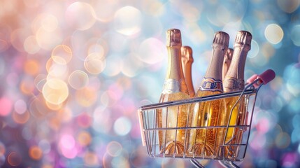 Golden Champagne Bottles in a Dreamy Shopping Cart