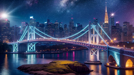 Fototapeta na wymiar 東京の夜、レインボーブリッジとタワーが照らす都市