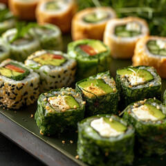 Intricate Sushi Rolls with Avocado and Spices