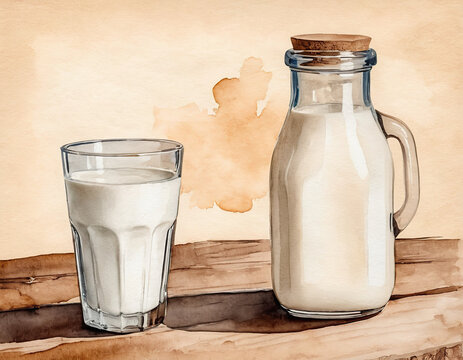 watercolor drawing Bottle and glass of milk on wooden table on beige background