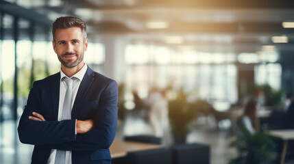 Fototapeta premium Business man smiling at office abstract backgound. Generative ai.
