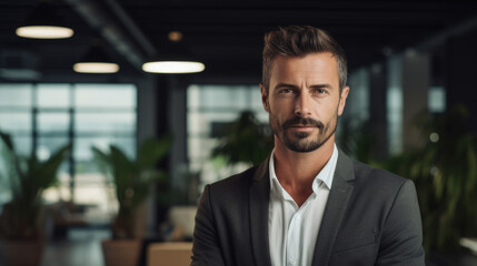 Fototapeta premium Business man smiling at office abstract backgound. Generative ai.