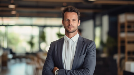 Fototapeta premium Business man smiling at office abstract backgound. Generative ai.