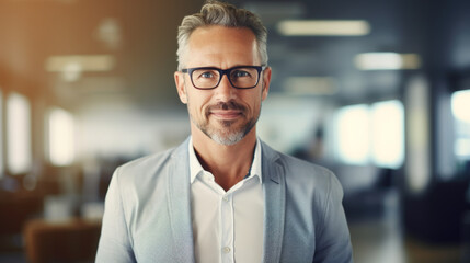 Obraz premium Business man smiling at office abstract backgound. Generative ai.