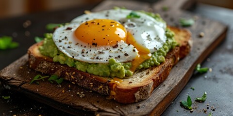 A Macro Photo of Toast Adorned with Guacamole and a Perfectly Fried Egg, Intended for the Tempting Display on a Restaurant Menu.