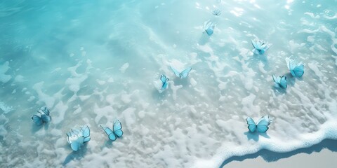 Beach with blue butterflies beautiful light.