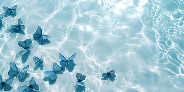 Beach with blue butterflies beautiful light. © Nattadesh