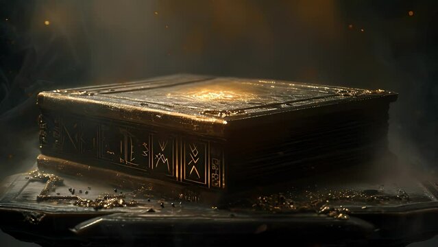 The camera zooms in on a dusty book on a pedestal its leather cover adorned with strange symbols and sigils hinting at dark magic and ancient mysteries.