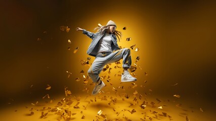 Hip-Hop Elegance, a stunning silhouette captures the grace of a hip-hop dancer mid-jump,...