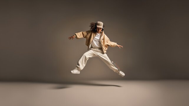 Hip-Hop Elegance, a stunning silhouette captures the grace of a hip-hop dancer mid-jump, symbolizing the beauty of street dance white yellow gold theme. Generative AI.