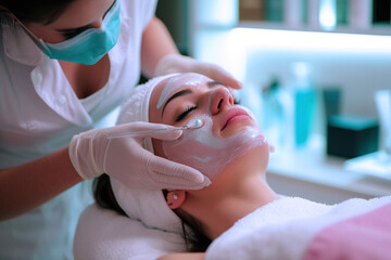 Obraz na płótnie Canvas Beautician doing facial skin care for Caucasian girl in beauty salon