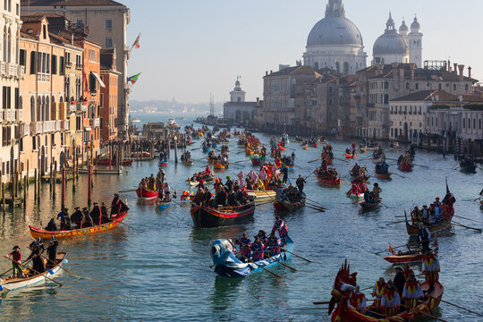 Venice Carnival Picturesque Opening Event Regatta on Gran Canal 2024