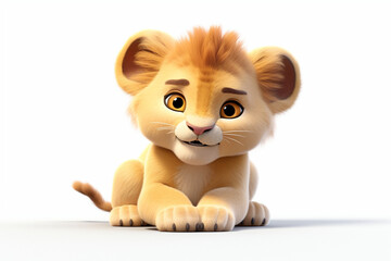 Fototapeta premium Lioness cub on a white background. Adorable 3D cartoon animal portrait.