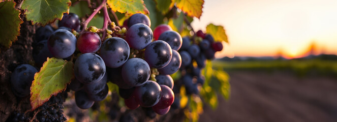 Black grape on vineyards background, winery at sunset
