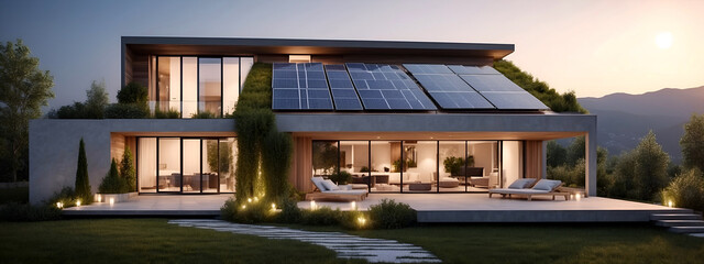 Modern eco friendly passive house with solar panels on rooftop.