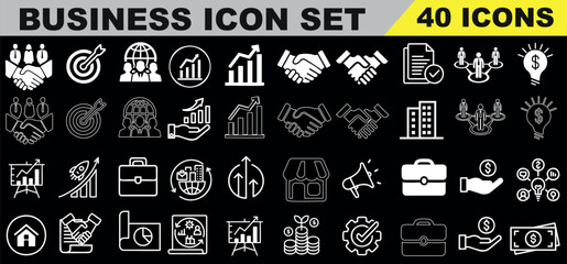 Business Icon Set, 40 vector icons, black and white, diverse categories including finance, communication, technology. Perfect for web design, presentations, infographics