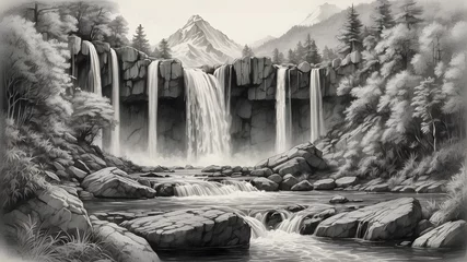 Rolgordijnen Tranquil mountain landscape with cascading waterfalls transformed into a vivid pencil sketch © Waqasiii_Arts 