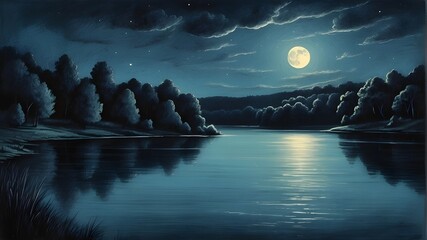 Moonlight night over a tranquil lake, rendered in enchanting color in a pencil sketch