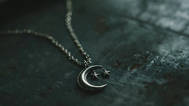 A delicate silver chain with a pendant of a shining moon and stars symbolizing the connection between angels and the divine.