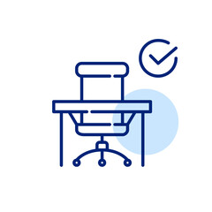 Receiving promotion at work. Corporate manager office job. Office chair, desk and checkmark. Pixel perfect icon
