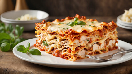 Fototapeta premium Culinary masterpiece of your homemade chicken lasagna, beautifully presented on a white plate, accentuated by the rustic charm of a wooden table