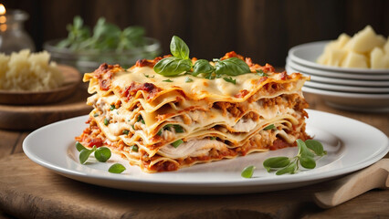 Culinary masterpiece of your homemade chicken lasagna, beautifully presented on a white plate, accentuated by the rustic charm of a wooden table