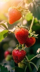 A Close-Up Capture of Ripe Strawberries Basking in Sunlight, Their Luscious Red Hue Signaling Readiness for Harvest.
