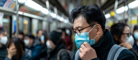 Fototapeta na wymiar In Seoul, South Korea, an Asian male traveler wears a medical face mask while coughing to safeguard against the spread of viruses during the crowded underground train.