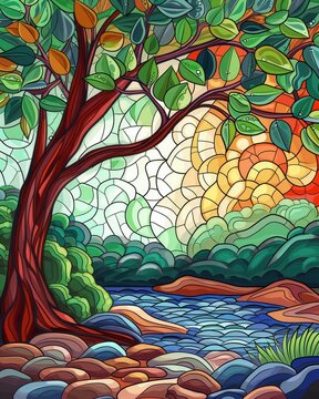 Tranquil Stained Glass Nature Scene, A Coloring Book Page Featuring a Serene and Calm Natural Landscape.