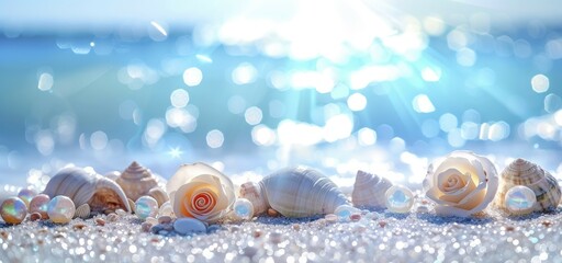 Magical Beachscape Glittering Blue Sky with White Clouds, Pearls and Many Beautiful, Colorful, Shiny Large Shells.