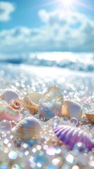 Fototapeta na wymiar Magical Beachscape Glittering Blue Sky with White Clouds, Pearls and Many Beautiful, Colorful, Shiny Large Shells.