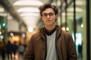 Fototapeta premium The young man is immersed in mall moments, embracing raw authenticity with avocado punk flair, multiple perspectives, and a touch of Jewish culture themes.