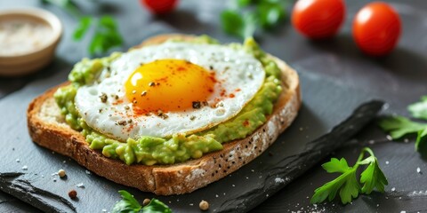 A Macro Photo of Toast Adorned with Guacamole and a Perfectly Fried Egg, Intended for the Tempting Display on a Restaurant Menu.