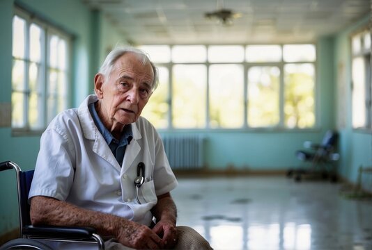 Timeless Healing Old Retired Doctor Sits in Vintage Clinic Room, Symbolizing Health Care Legacy
