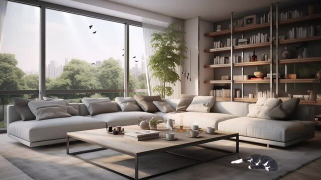 Modern living room 3d rendering. modern elegant home architecture. seamless looping overlay 4k virtual video animation background 