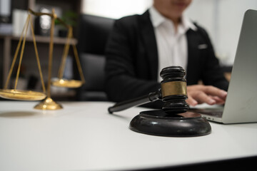 Judge gavel with Justice lawyers having team Concepts of Law and Legal services