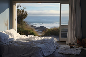  bedroom with messy white bedding and white curtains hung  , a open glass doors  overlooking  a view of rocks,sky, plants and  beautiful beach and ocean, big window, summer, travel, vacation, holiday