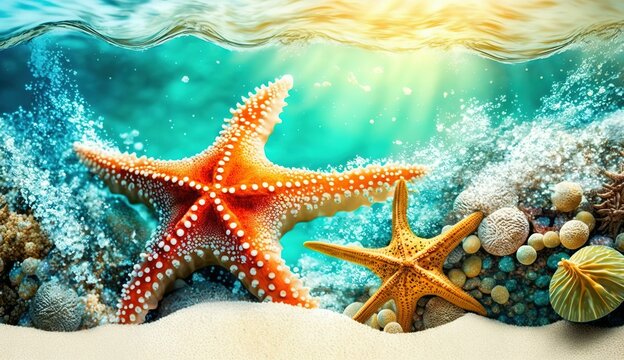 Starfish and coral on the summer beach in sea water. Summer background