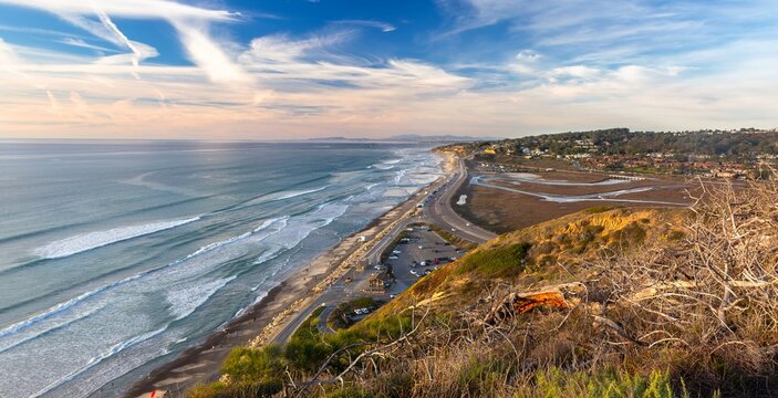 Panoramic Landscape View From Above Scenic Pacific Ocean Coastline.  Guy Fleming Hiking Trail,Torrey Pines Beach, California State Park San Diego USA