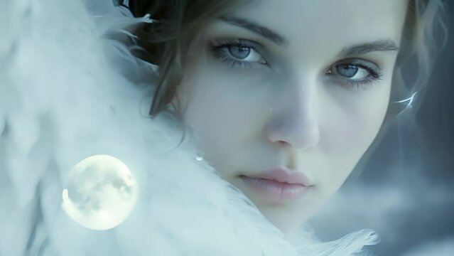 The moon casts a pale glow on the face of a gothic angel her eyes reflecting the secrets of the night and the depth of her wingspan.